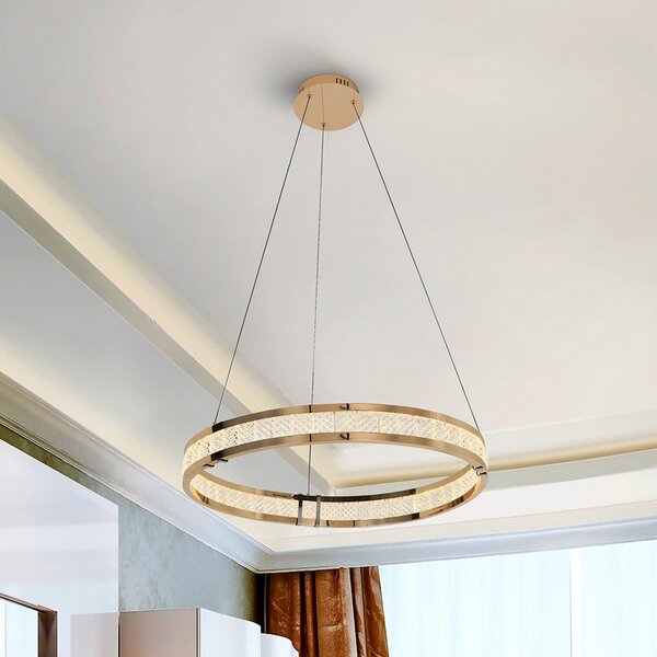Schuller Valencia LED висяща лампа Lorian, златист цвят, Ø 60 cm, метал, Затъмняване, Злато / месинг, Дневна/трапезария, Алуминий
