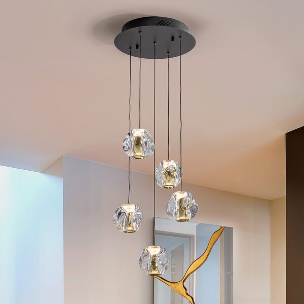 Schuller Valencia LED висяща лампа Zaira, Ø 33 cm, черно/златисто, 5-крилна., Затъмняване, Прозрачен, Дневна/трапезария, Метал