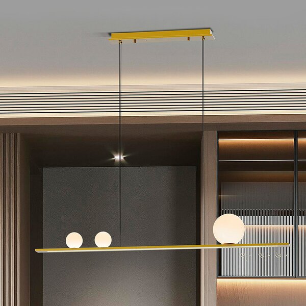Schuller Valencia LED висяща лампа Mila, златист цвят, дължина 120 cm, 3-свещник., Затъмняване, Злато / месинг, Дневна/трапезария, Алуминий, Модерен