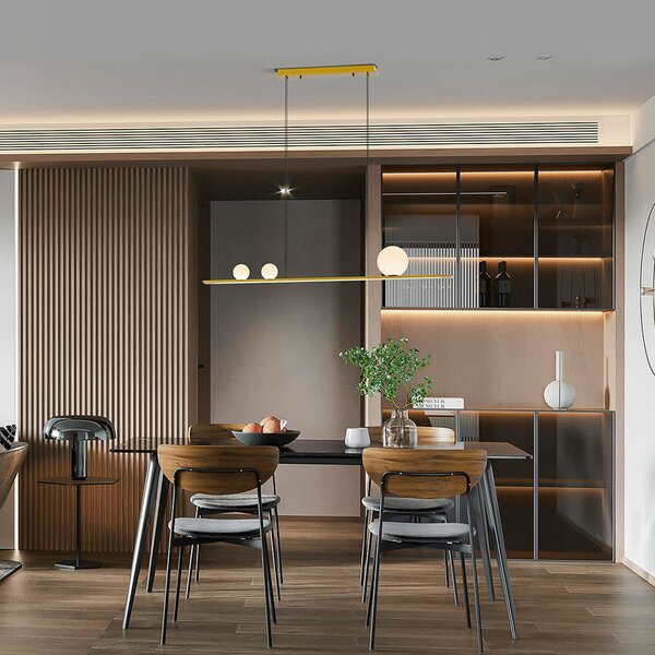 Schuller Valencia LED висяща лампа Mila, златист цвят, дължина 120 cm, 3-свещник., Затъмняване, Злато / месинг, Дневна/трапезария, Алуминий, Модерен