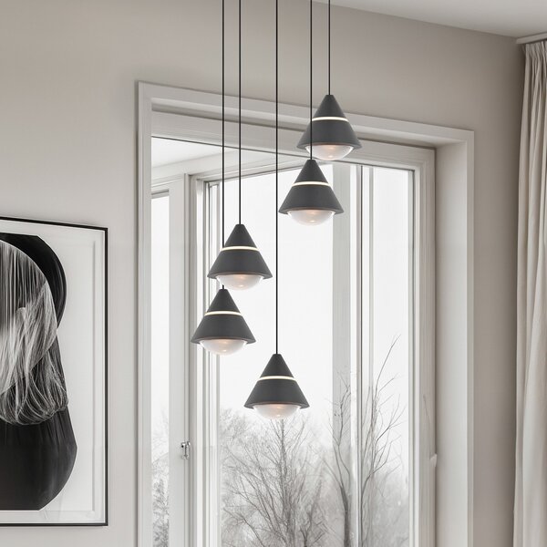 Trio Lighting LED висяща лампа Romeo, Ø 28 cm, черна, метал, 5-крилна., Черен, Дневна/трапезария, Метал, Модерен