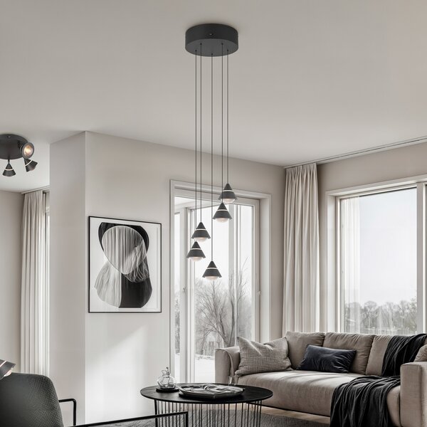 Trio Lighting LED висяща лампа Romeo, Ø 28 cm, черна, метал, 5-крилна., Черен, Дневна/трапезария, Метал, Модерен