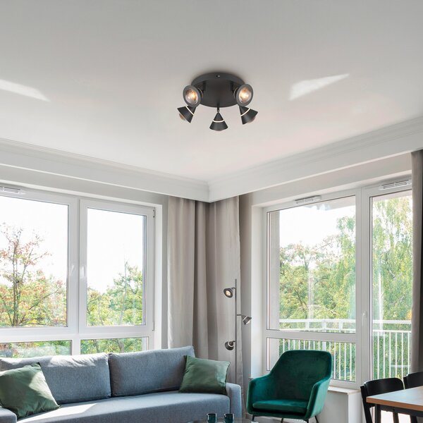 Trio Lighting LED тавански прожектор Romeo, Ø 30 cm, черен, метал, 5-крилен., Черен, Дневна/трапезария, Метал, Модерен