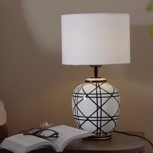 PR Home Настолна лампа New York, бяла, височина 46 cm, керамика, Бял, Дневна/трапезария, Плат / текстил