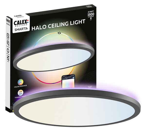 Calex Smart LED таванска лампа HALO Ø 40cm черна IP54 RGB CCT, Затъмняване, Черен, Дневна/трапезария, Пластмаса, Модерен