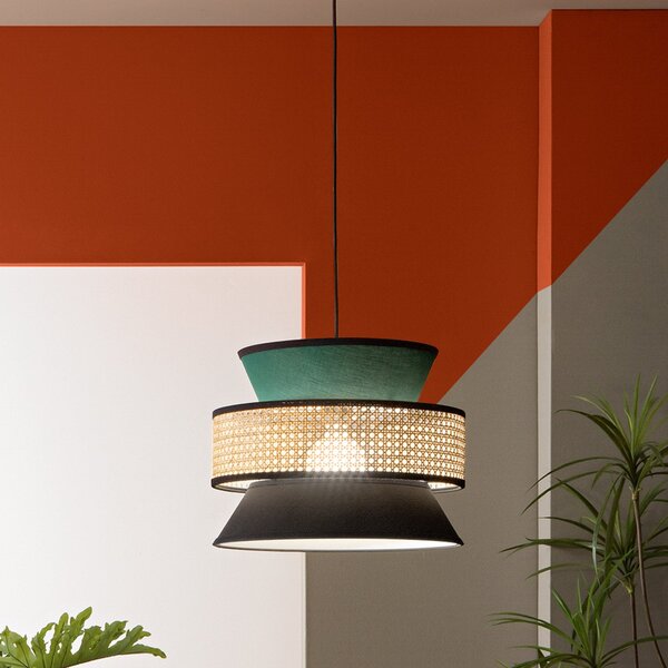 Luce Ambiente Design Висяща лампа Gazebo, зелена/черна/естествена, Ø 40 cm, плат/ротан, Затъмняване, Зелен, Дневна/трапезария, Плат / текстил
