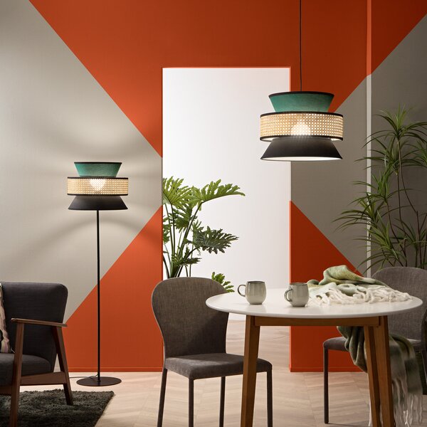 Luce Ambiente Design Висяща лампа Gazebo, зелена/черна/естествена, Ø 40 cm, плат/ротан, Затъмняване, Зелен, Дневна/трапезария, Плат / текстил