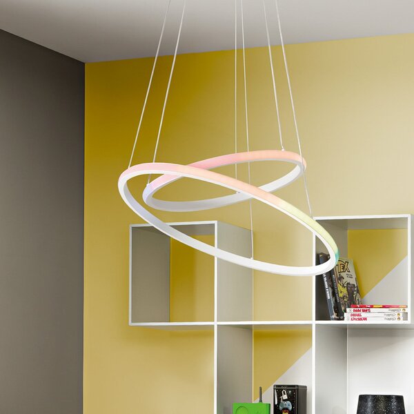 Luce Ambiente Design LED висяща лампа Axis, Ø 60/40 cm, бяла, метал, CCT, RGB, Бял, Дневна/трапезария, Метал, Модерен