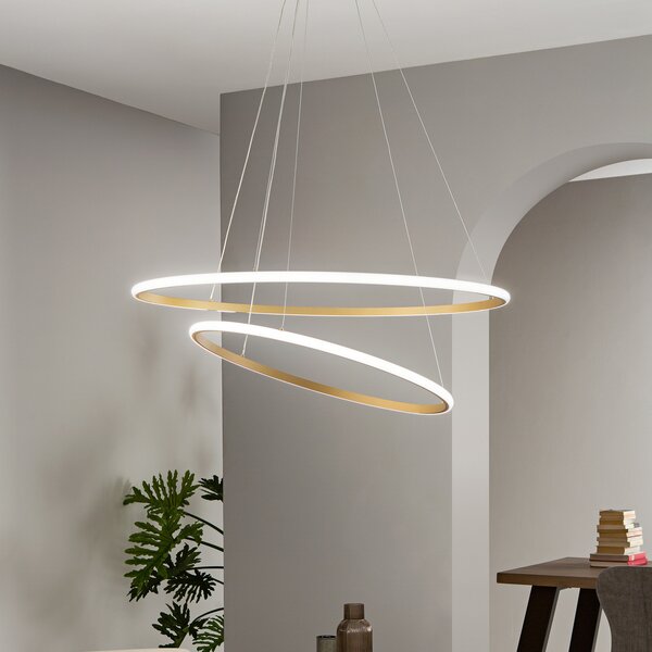 Luce Ambiente Design LED висяща лампа Axis, Ø 80/60 cm, златист цвят, метал, CCT, Злато / месинг, Дневна/трапезария, Метал, Модерен