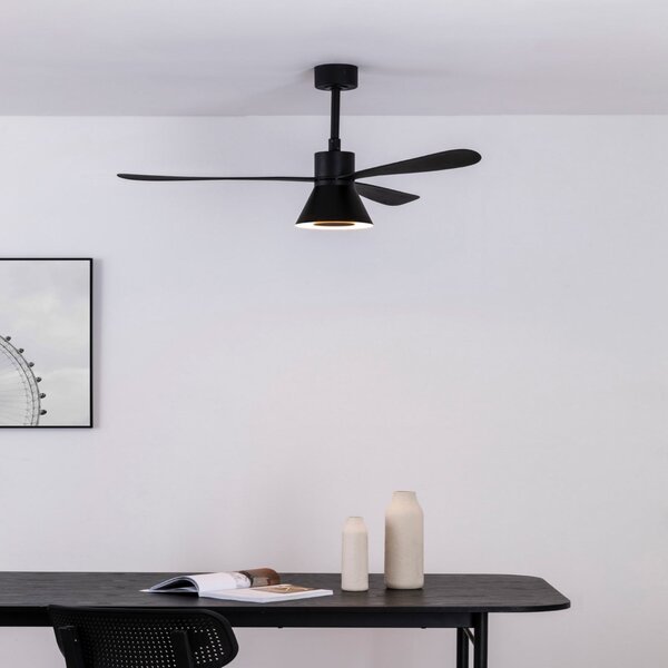 FARO BARCELONA LED таванен вентилатор Amelia Cone L, черен, безшумен, 132 см, Затъмняване, Черен, Дневна/трапезария, Пластмаса, Модерен