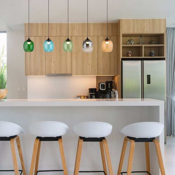 Globo LED висяща лампа Minara, 5-крилна, дължина 102 cm, цветна, стъкло, Затъмняване, Многоцветен, Дневна/трапезария, Метал, Модерен