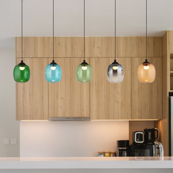 Globo LED висяща лампа Minara, 5-крилна, дължина 102 cm, цветна, стъкло, Затъмняване, Многоцветен, Дневна/трапезария, Метал, Модерен