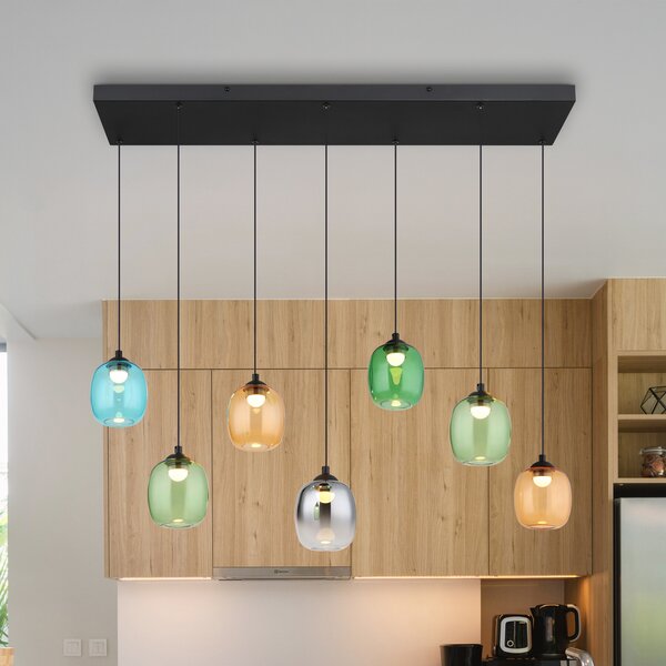 Globo LED висяща лампа Minara, 7-светилна, дължина 102 cm, цветна, стъкло, Затъмняване, Многоцветен, Дневна/трапезария, Метал, Модерен