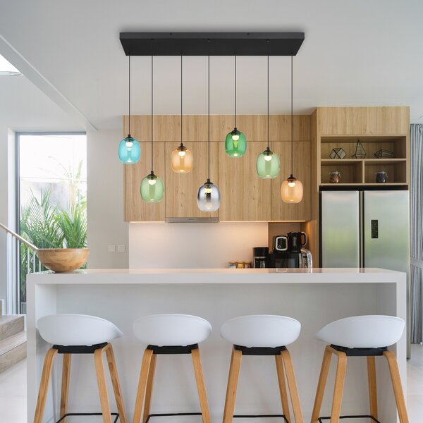 Globo LED висяща лампа Minara, 7-светилна, дължина 102 cm, цветна, стъкло, Затъмняване, Многоцветен, Дневна/трапезария, Метал, Модерен