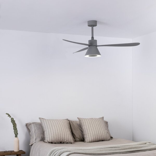 FARO BARCELONA LED тавански вентилатор Amelia Cone L, сив, DC, безшумен, 132 см, Затъмняване, Сив, Дневна/трапезария, Пластмаса, Модерен