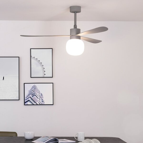 FARO BARCELONA LED тавански вентилатор Amelia Ball L, сив, DC, безшумен, 132 см, Затъмняване, Сив, Дневна/трапезария, Пластмаса, Модерен