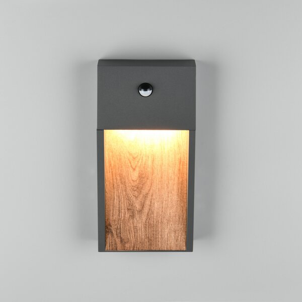 Trio Lighting LED сензорна лампа за външна стена SALMON, дървесен вид, височина 33 cm IP44, Дърво, Алуминий, Модерен, Стенна розетка отдолу