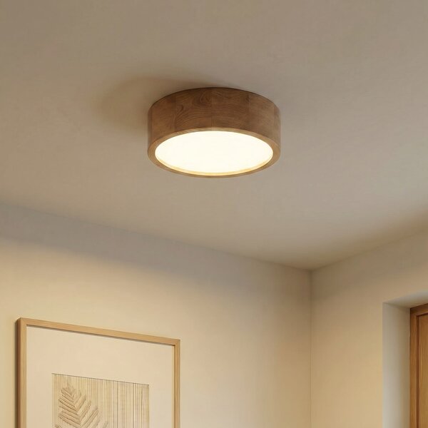 TEMAR LIGHTING Осветително тяло за таван Cleo, Ø 28 cm, 2 светлини, дъбово дърво, E27, Затъмняване, Дърво, Дневна/трапезария, Дървесина, Модерен