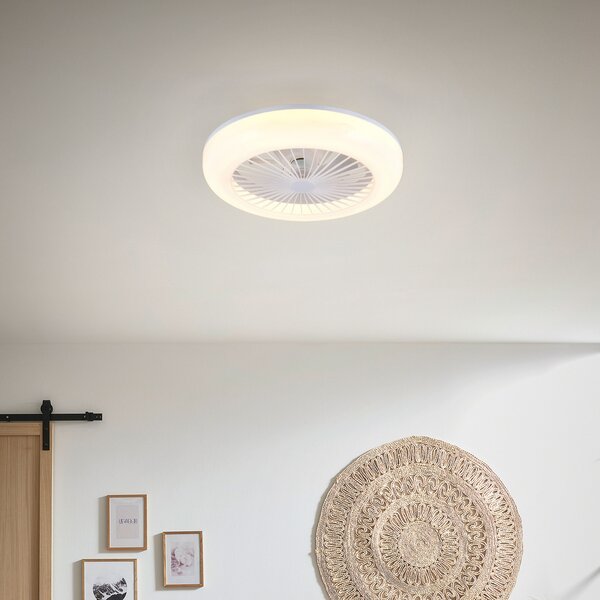 Reality Leuchten LED вентилатор Mora, DC, тих, Ø 45 cm, CCT, дистанционно управление, Затъмняване, Бял, Дневна/трапезария, Пластмаса, Модерен