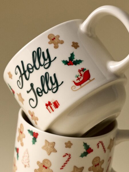 Sinsay - Коледни керамични чаши с мотив на джинджифилови сладки и надпис „Holly Jolly“ комплект от 2 броя - многоцветен