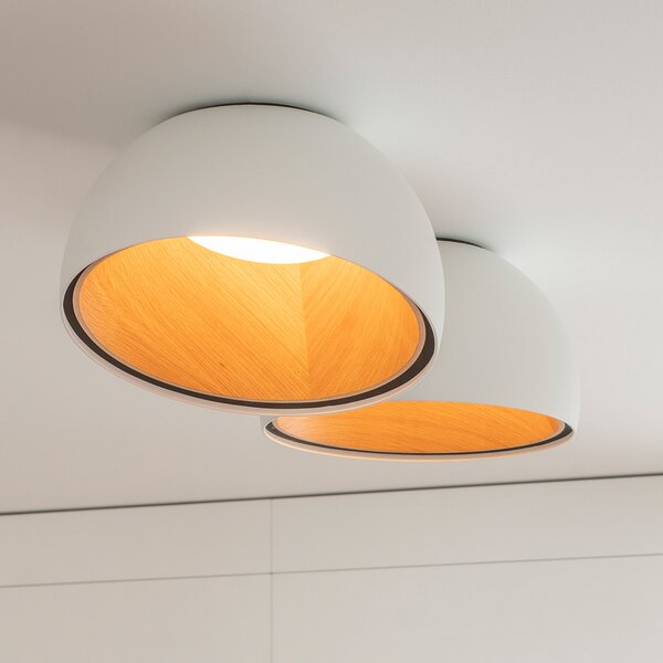 Vibia LED плафон DUO, бял, височина 23 cm, дъбов дървен материал, Затъмняване, Бял, Дневна/трапезария, Дървесина, Скандинавски