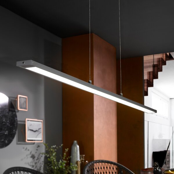 FISCHER & HONSEL LED висяща лампа Marlo, сива, дължина 120 cm, CCT, сензорен димер, Затъмняване, Сив, Дневна/трапезария, Метал, Модерен