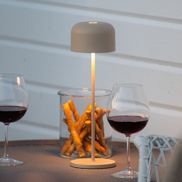 Konstsmide LED акумулаторна настолна лампа Lille, височина 36 cm, цвят пясък, IP54, USB, Затъмняване, Бежов, Дневна/трапезария, Алуминий, Модерен