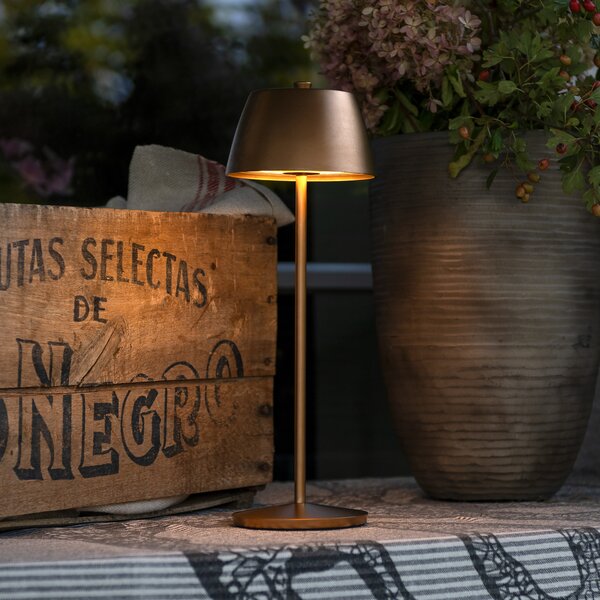 Konstsmide LED акумулаторна настолна лампа Eze, матово медно, 32 cm, IP54, USB, Затъмняване, Мед, Дневна/трапезария, Алуминий, Модерен