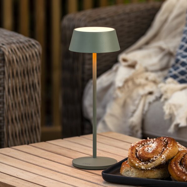Konstsmide LED акумулаторна настолна лампа Menton, зелена, височина 27 cm, IP54, USB, Затъмняване, Зелен, Дневна/трапезария, Метал, Модерен
