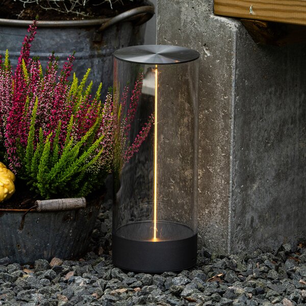Konstsmide LED акумулаторна настолна лампа Edison, височина 32 cm, сива/прозрачна, IP54, Затъмняване, Прозрачен, Дневна/трапезария, Пластмаса, Модерен