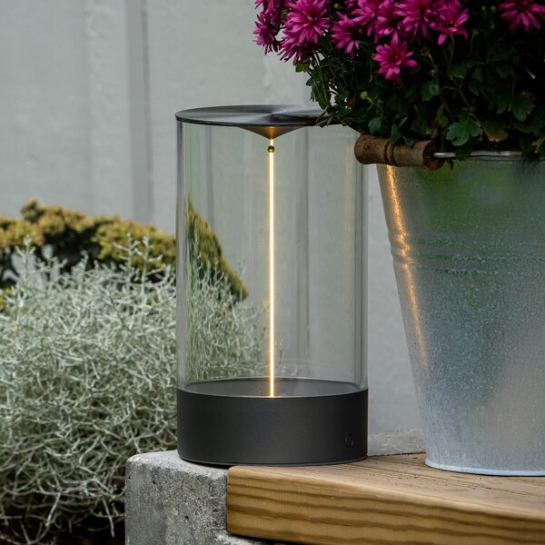 Konstsmide LED акумулаторна настолна лампа Edison, височина 23 cm, сива/прозрачна, IP54, Затъмняване, Прозрачен, Дневна/трапезария, Пластмаса, Модерен