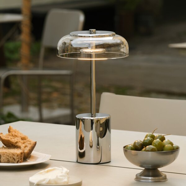 Nuura Aps LED акумулаторна настолна лампа Blossi, височина 26 cm, хром/прозрачна, Затъмняване, Сив, Дневна/трапезария, Метал, Модерен