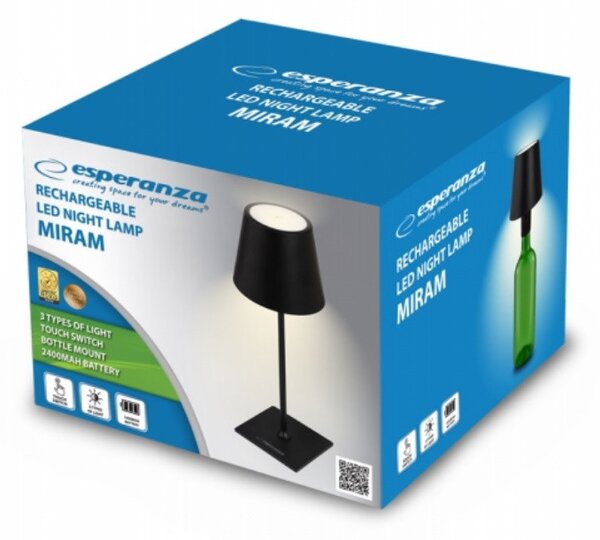 Лампа за бюро Esperanza Miram ELD119K, 3W, 300 lm, LED, 2400 mAh, USB, 3 режима, Черен
