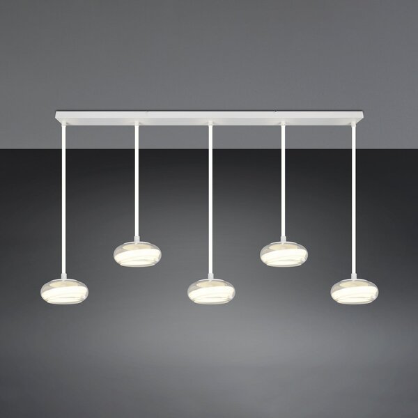 Trio Lighting LED висяща лампа Tarsia, бяла матова, дължина 161 cm, стъкло, 5-крилна., Затъмняване, Бял, Дневна/трапезария, Стъкло, Модерен