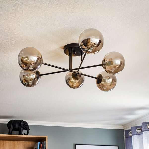 EMIBIG LIGHTING Стъклено таванно осветление, черно, графит, стъкло, 6 светлини, E14, Затъмняване, Черен, Дневна/трапезария, Стъкло, Модерен