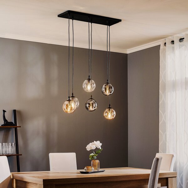 EMIBIG LIGHTING Висяща лампа Glassy, 6-свещ, графит/кехлибар/прозрачно, стъкло, 75 см, Затъмняване, Черен, Дневна/трапезария, Стъкло, Модерен