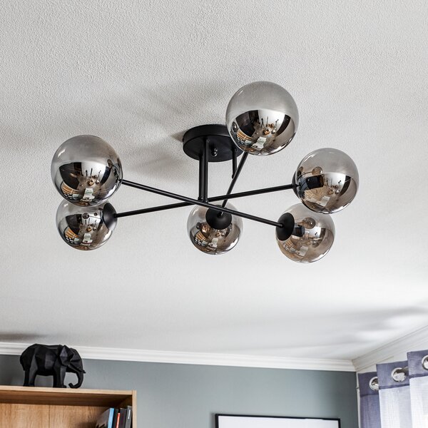 EMIBIG LIGHTING Стъклено таванно осветление, черно, графит, стъкло, 6 светлини, E14, Затъмняване, Черен, Дневна/трапезария, Стъкло, Модерен