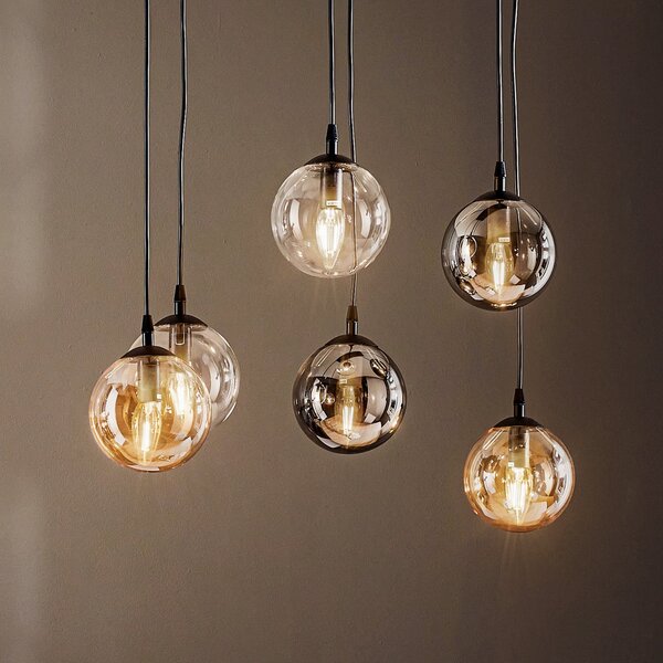EMIBIG LIGHTING Висяща лампа Glassy, 6-свещ, графит/кехлибар/прозрачно, стъкло, 75 см, Затъмняване, Черен, Дневна/трапезария, Стъкло, Модерен