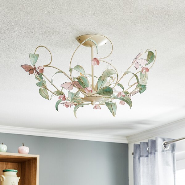 Luminex Таванна лампа BUTTERFLY, крем/зелено/розово, неръждаема стомана, 5-пламъчна, Затъмняване, Дневна/трапезария, Метал, Флорентински