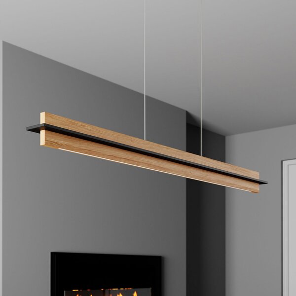 Quitani LED висяща лампа Lexa, дъб/черно, дължина 118 cm, Затъмняване, Дърво, Дневна/трапезария, Дървесина, Модерен