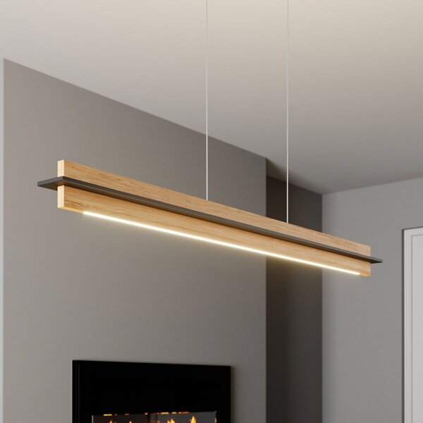 Quitani LED висяща лампа Lexa, дъб/черно, дължина 118 cm, Затъмняване, Дърво, Дневна/трапезария, Дървесина, Модерен