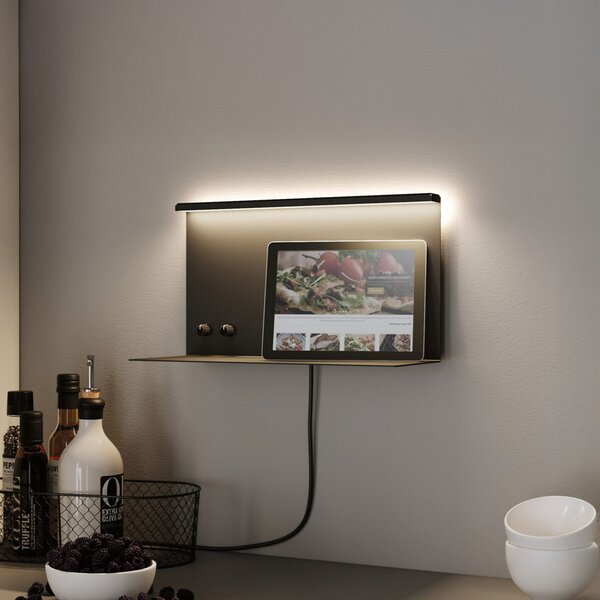 Paulmann LED стенна лампа Jarina черна 35 cm рафт USB порт, Затъмняване, Черен, спалня, Метал, Модерен