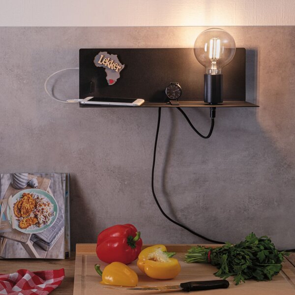 Paulmann стенна лампа Devara, черна 40 cm E27 USB порт, Затъмняване, Черен, спалня, Метал, Модерен