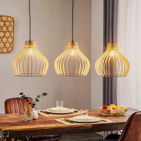 TEMAR LIGHTING Висяща лампа Barrel с дървени абажури, 3-ф. дълга, Затъмняване, Дърво, Дневна/трапезария, Дървесина, Къща в провинцията / Рустик
