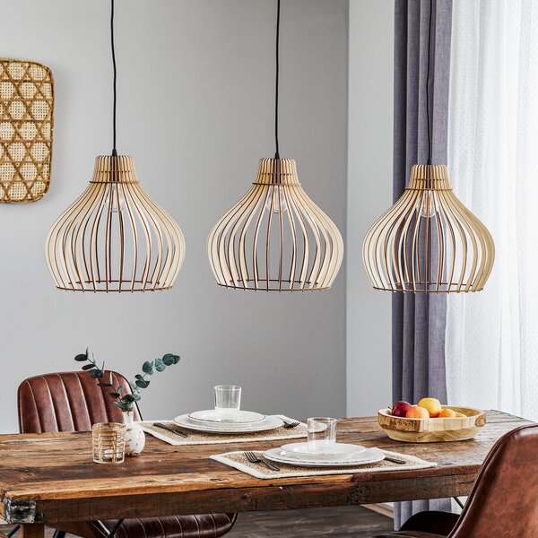 TEMAR LIGHTING Висяща лампа Barrel с дървени абажури, 3-ф. дълга, Затъмняване, Дърво, Дневна/трапезария, Дървесина, Къща в провинцията / Рустик