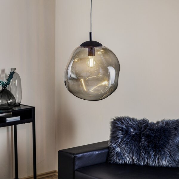 TK Lighting Стъклена висяща лампа Sol, Ø 35 см, черна/димово сива, Затъмняване, Прозрачен, Дневна/трапезария, Стъкло, Модерен