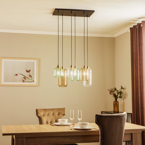 TK Lighting Висяща лампа Marco Green, 6-крилна, прозрачна/зелена/кафява, Затъмняване, Прозрачен, Дневна/трапезария, Стъкло, Модерен