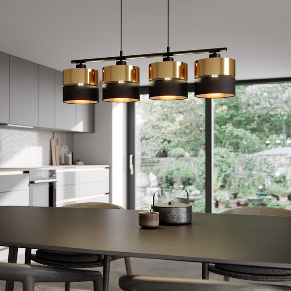 TK Lighting Висяща лампа Hilton, черна/златна, с четири лампи, Затъмняване, Черен, Дневна/трапезария, Метал, Модерен