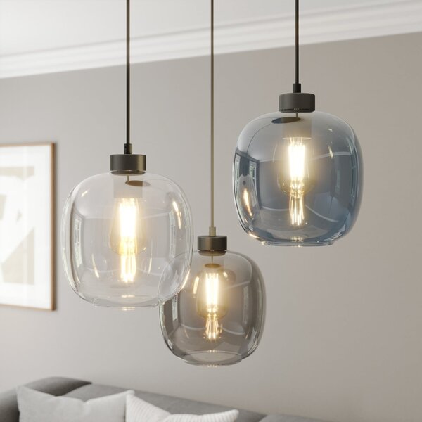 TK Lighting Висяща лампа Elio, стъкло, синьо/прозрачно/сиво, Ø 52 cm, 3 светлини, Затъмняване, Прозрачен, Дневна/трапезария, Стъкло, Модерен