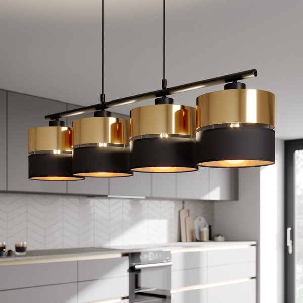 TK Lighting Висяща лампа Hilton, черна/златна, с четири лампи, Затъмняване, Черен, Дневна/трапезария, Метал, Модерен